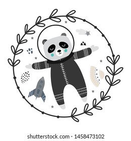 Babyausdruck mit Panda im Raum. Handgezeichnete Vektorgrafik für Poster, Karte, Kinderbuch, Flyer, Banner, Kindergarten, Kinderzimmer-Dekoration.Skandinavischer Stil.