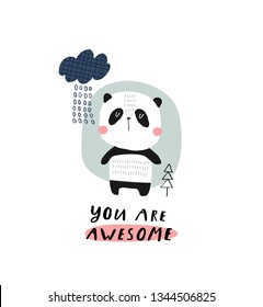 Baby print with panda: You are awesome. Hand drawn graphic for typography poster, card, label, flyer, banner, baby wear, nursery.  Scandinavian style. Black, pink and turquoise. Vector illustration