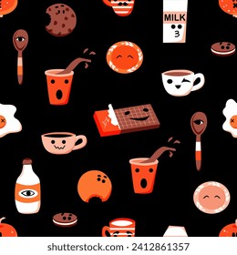 Baby print. Pattern.  Yummy food. Cute characters. Milk, cookies, cup, mug, chocolate. Vector background. Doodles for kids. Perfect for printing on the fabric, design package and cover