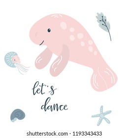 Baby print with pink sea-cow and nautilus. Hand drawn graphic for poster, card, label, flyer, page, banner, baby wear, nursery. Scandinavian style. Vector illustration