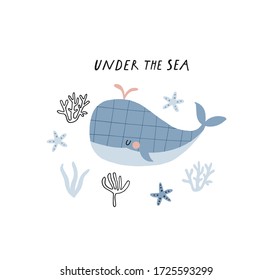 Baby print with pink whale: Under the sea. Hand drawn graphic for poster, card, label, flyer, page, banner, baby wear, nursery.  Scandinavian style. Black, blue and pink. Vector illustration