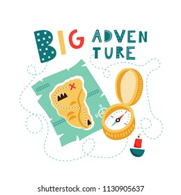 Baby print with pirate theme design: Big adventure. Hand drawn graphic for poster, card, label, flyer, page, banner, baby wear, nursery.  Vector illustration