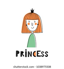 Baby print: Princess. Hand drawn graphic for typography poster, card, label, brochure, flyer, page, banner, baby wear, nursery.  Scandinavian style. Black, orange and green. Vector illustration