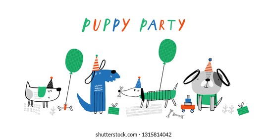 Baby print with puppy: Puppy party. Hand drawn graphic for typography poster, card, label, brochure, banner, baby wear, nursery.  Scandinavian style. Green, red, blue. Vector illustration