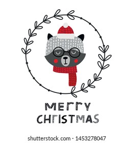 Baby print with raccoon and text Merry Christmas. Hand drawn graphic for card, banner, baby wear, nursery. Scandinavian style, vector illustration.