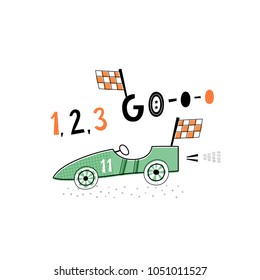 Baby print with race car: 1-2-3-Go. Hand drawn graphic for typography poster, card, label, flyer, page, banner, baby wear, nursery.  Scandinavian style. Black, orange, green. Vector illustration