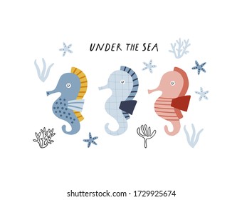 Baby print with seahorses: Under the sea. Hand drawn graphic for poster, card, label, flyer, page, banner, baby wear, nursery.  Scandinavian style. Yellow, blue and pink. Vector illustration