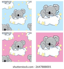 Baby Print Set com Koala Sleeping na Nuvem Azul e Rosa Versões com Padrões Vetor