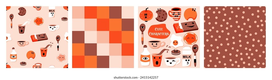 Baby print set. Pattern.  Yummy food. Cute characters. Milk, cookies, cup, mug, chocolate. Vector background. Doodles for kids. Perfect for printing on the fabric, design package and cover