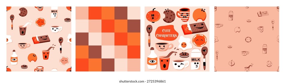 Baby-Print-Set. Muster.  Leckeres Essen. Nette Zeichen. Milch, Kekse, Tasse, Becher, Schokolade. Vektorhintergrund. Doodles für Kinder. Perfekt zum Bedrucken des Stoffes, des Designpakets und der Abdeckung