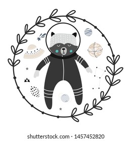 Baby print with skunk in the space .Hand drawn vector illustration for poster, card, kid’s book, flyer, banner, nursery, kid’s room decoration.Scandinavian style.