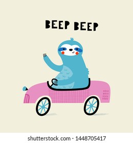 Baby print with a sloth: Beep, beep. Hand drawn graphic for typography poster, card, label, brochure, flyer, page, banner, baby wear, nursery.  Scandinavian style. Blue and pink. Vector illustration