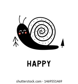 Baby print with snail. Hand drawn vector illustration for poster, card, label, banner, flyer, baby wear, kid’s room decoration. Scandinavian style.
