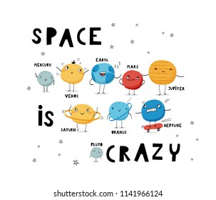 Baby print: Space is crazy. Hand drawn graphic for typography poster, card, label, brochure, flyer, page, banner, baby wear, nursery.  Black, blue, red, yellow. Vector illustration