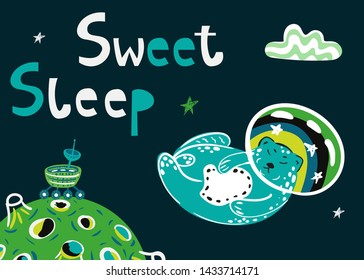 Baby print with space kat with phrase sweet sleep.