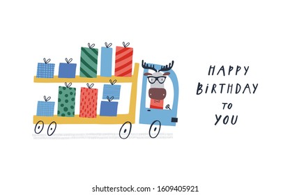 Baby print with truck: Happy Birthday. Hand drawn graphic for typography poster, card, label, flyer, page, banner, baby wear, nursery.  Scandinavian style. Vector illustration