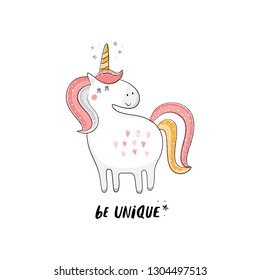 Baby print with unicorn: Be unique. Hand drawn graphic for typography poster, card, label, flyer, page, banner, baby wear, nursery.  Scandinavian style. Black, pink and yellow. Vector illustration