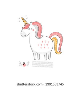Baby print with unicorn. Hand drawn graphic for typography poster, card, label, flyer, page, banner, baby wear, nursery.  Scandinavian style. Black, pink and yellow. Vector illustration