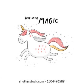 Baby print with unicorn. Hand drawn graphic for typography poster, card, label, flyer, page, banner, baby wear, nursery.  Scandinavian style. Black, pink and yellow. Vector illustration