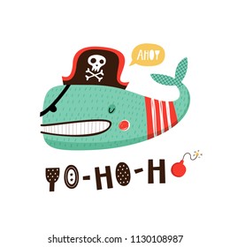 Baby print with whale: Yo-ho-ho. Hand drawn graphic for poster, card, label, flyer, page, banner, baby wear, nursery.  Vector illustration