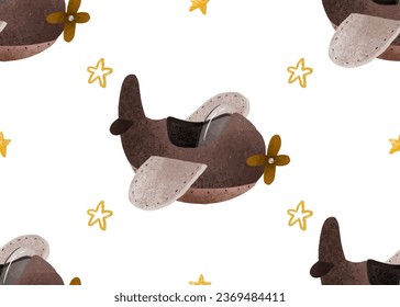 Baby print.Seamless pattern for kids.Airplane, clouds,stars.Aviation. Endless Pattern for boys. Hand-drawn seamless repeating children simple pattern with aircraft and clouds in Scandinavian style