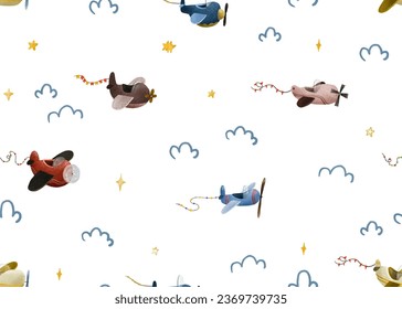 Baby print.Seamless pattern for kids.Airplane, clouds,stars.Aviation. Endless Pattern for boys. Hand-drawn seamless repeating children simple pattern with aircraft and clouds in Scandinavian style