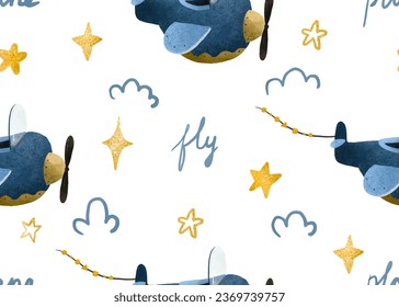 Baby print.Seamless pattern for kids.Airplane, clouds,stars.Aviation. Endless Pattern for boys. Hand-drawn seamless repeating children simple pattern with aircraft and clouds in Scandinavian style