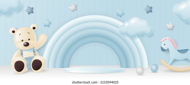 Baby product display podium with bear, rocking horse and rainbow for the baby store, online shopping, kids clothes and toys banner, fashion discount promotion for children on social media web design.