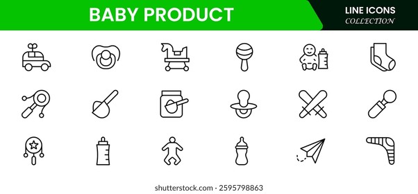 Baby  Product food icons include bottles, spoons, jars, powder, and more.  Thin outline icons pack. Vector illustration