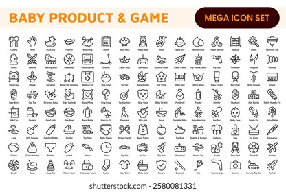 Baby Product and Game Icon Set. A charming collection of icons designed for parents and caregivers, perfect for websites, apps, and marketing materials focused on baby products and playful learning.