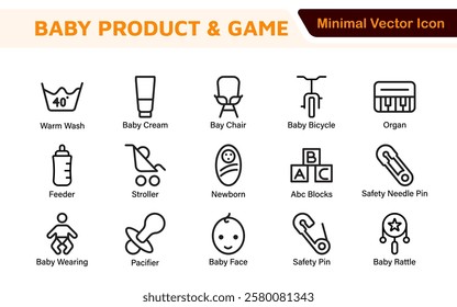 Baby Product and Game Icon Set. A charming collection of icons designed for parents and caregivers, perfect for websites, apps, and marketing materials focused on baby products and playful learning.