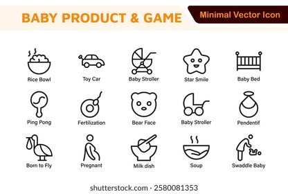 Baby Product and Game Icon Set. A charming collection of icons designed for parents and caregivers, perfect for websites, apps, and marketing materials focused on baby products and playful learning.