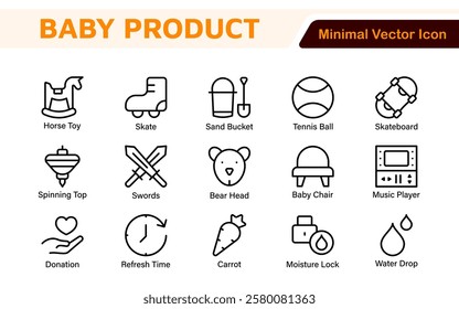 Baby Product and Game Icon Set. A charming collection of icons designed for parents and caregivers, perfect for websites, apps, and marketing materials focused on baby products and playful learning.