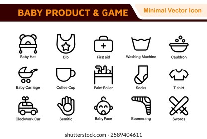 Baby Product and Game Icon Set. A charming collection of icons designed for parents and caregivers, perfect for websites, apps, and marketing materials focused on baby products and playful learning.