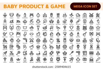 Baby Product and Game Icon Set. A charming collection of icons designed for parents and caregivers, perfect for websites, apps, and marketing materials focused on baby products and playful learning.