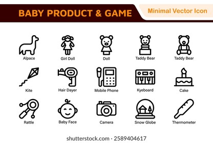 Baby Product and Game Icon Set. A charming collection of icons designed for parents and caregivers, perfect for websites, apps, and marketing materials focused on baby products and playful learning.
