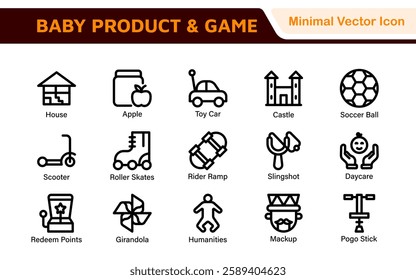 Baby Product and Game Icon Set. A charming collection of icons designed for parents and caregivers, perfect for websites, apps, and marketing materials focused on baby products and playful learning.