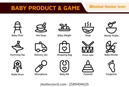 Baby Product and Game Icon Set. A charming collection of icons designed for parents and caregivers, perfect for websites, apps, and marketing materials focused on baby products and playful learning.