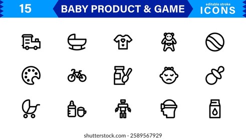 Baby Product and Game Icon Set. Adorable Vector Icons for Toys, Infant Care, and Fun-Filled Baby Activities