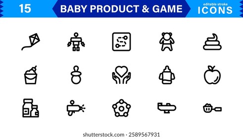 Baby Product and Game Icon Set. Adorable Vector Icons for Toys, Infant Care, and Fun-Filled Baby Activities