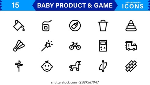 Baby Product and Game Icon Set. Adorable Vector Icons for Toys, Infant Care, and Fun-Filled Baby Activities