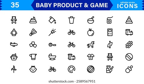 Baby Product and Game Icon Set. Adorable Vector Icons for Toys, Infant Care, and Fun-Filled Baby Activities