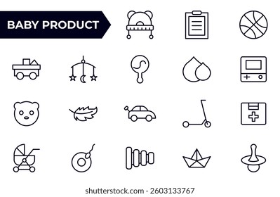 Baby Product and Game outline Icon Set. A charming collection of icons designed for parents and caregivers, perfect for websites, apps, and marketing materials focused on baby products 