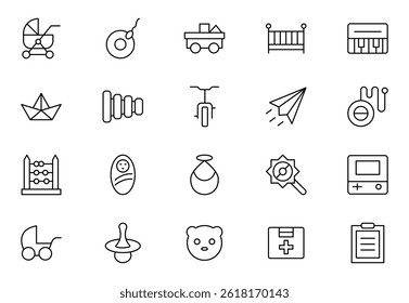 Baby Product Icon Set. A charming collection of icons designed for parents and caregivers, perfect for websites, apps,focused on baby products.  Editable stroke. Vector illustration.