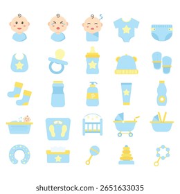 Conjunto de ícones de produtos para bebês - Estilo plano bonito recém-nascido Essencial, incluindo chupeta, fraldas, garrafa, brinquedos, berço e banho - Perfeito para criação de filhos, cuidados infantis e design de loja de bebês