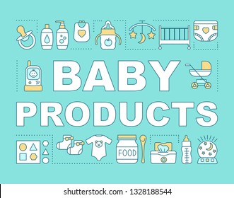 Baby products concepts banner. Presentation, website. Feeding bottle, kids toiletry, radio nanny. Childcare. Isolated lettering typography idea with linear icons. Vector outline illustration