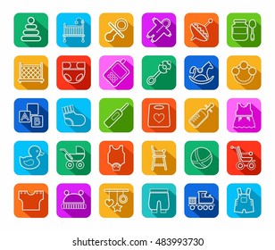 Baby products, contour icons, colored, flat. Clothes, toys and personal items for newborns and young children. Linear white icons on a colored background with a shadow. 