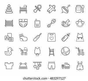 Baby products, contour icons, monochrome. Clothes, toys and personal items for newborns and young children. Linear icons on white background. 