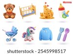 Baby products and toys icon 3d cartoon vector set