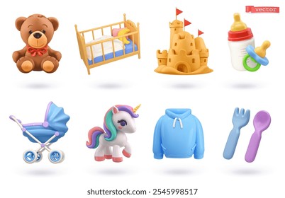 Produtos de bebê e brinquedos ícone 3d desenho animado vetor conjunto